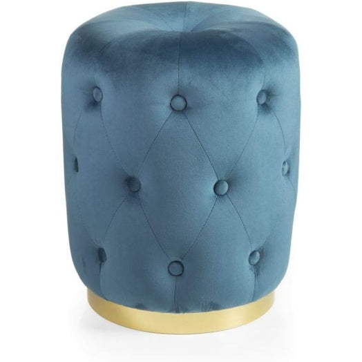 Pouf Cilindrico Trapuntato in Velluto con Base Dorata Blu