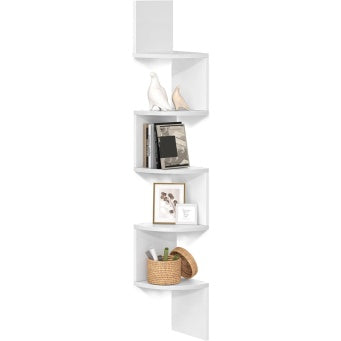 Libreria Angolare da Parete a 5 Ripiani per Camera da Letto Soggiorno Bagno Studio Porta Piante Bianco Nuvola