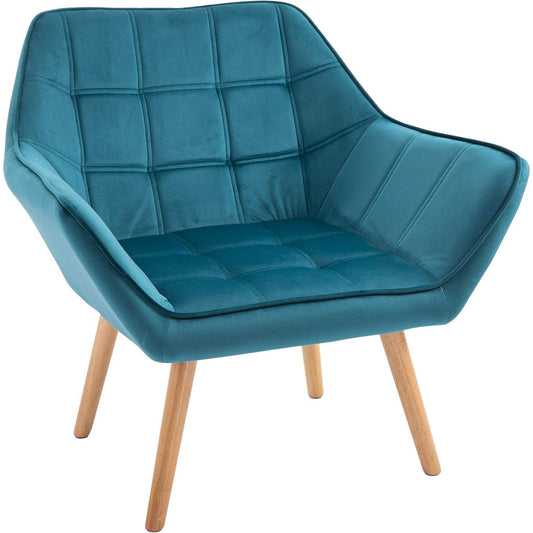 Poltrona in Velluto con Gambe in Legno Stile Scandinavo Color Petrolio